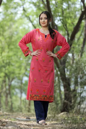 Alluring Candy Pink Colour Cotton Kurti With Kashmiri Motifs With Latest Fashion Trend.