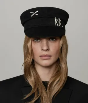 Crystal-embellished Black Wool Baker Boy Cap